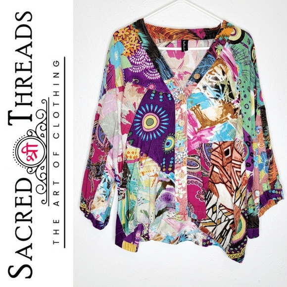 Sacred Threads Tops - Sacred Threads Patchwork Multiprint Button Down Top Women's Size Large
